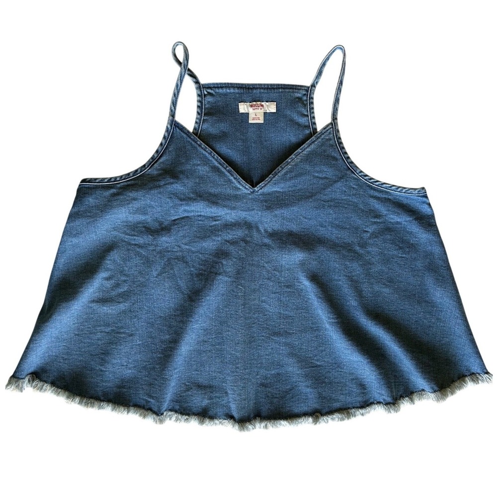 Mossimo Blue Denim Stretch Western Festival Tank Top Y2K Frayed Hem Size Large